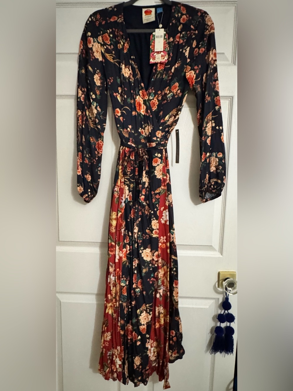 NWT Farm Rio for Anthropologie Floral Wrap Midi Dress M Navy Mixed Print